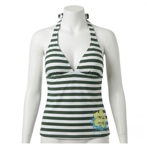 Unbranded Top Womens Small Green White Excellent Striped Floral Halter